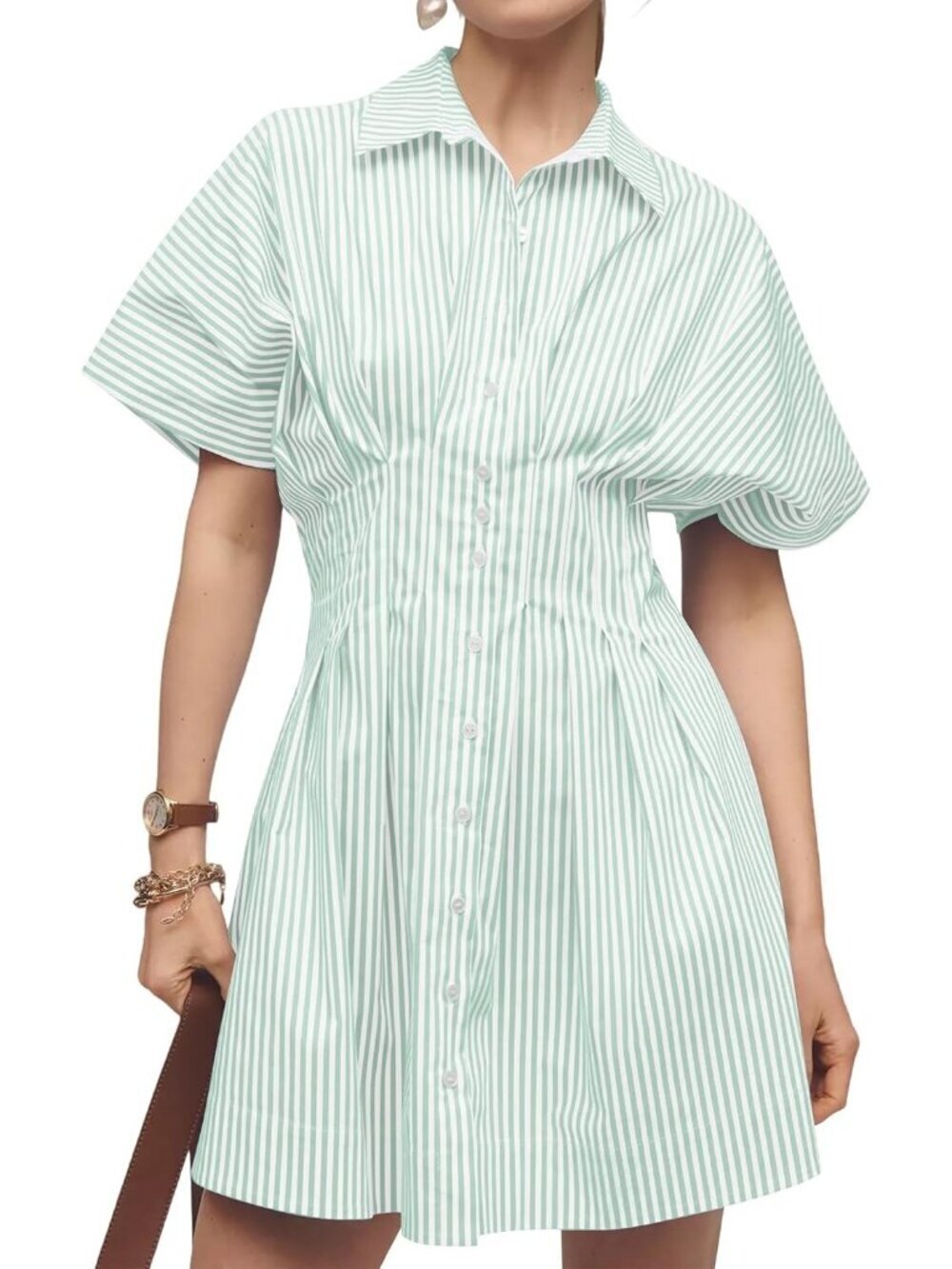 Women's Light Green Down Pleated Shirt Striped Short Sleeve Casual Mini Dress